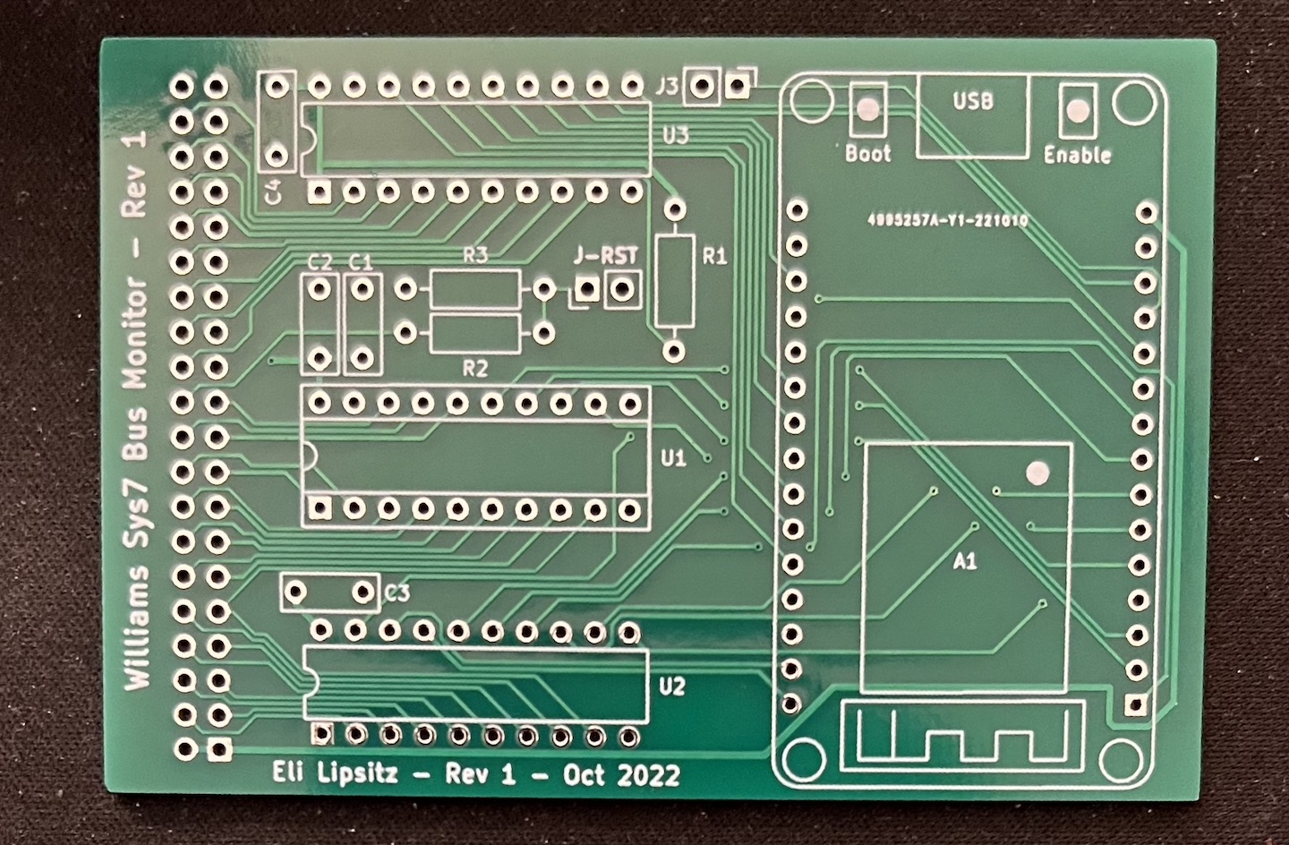 The manufactured PCB, in classic green